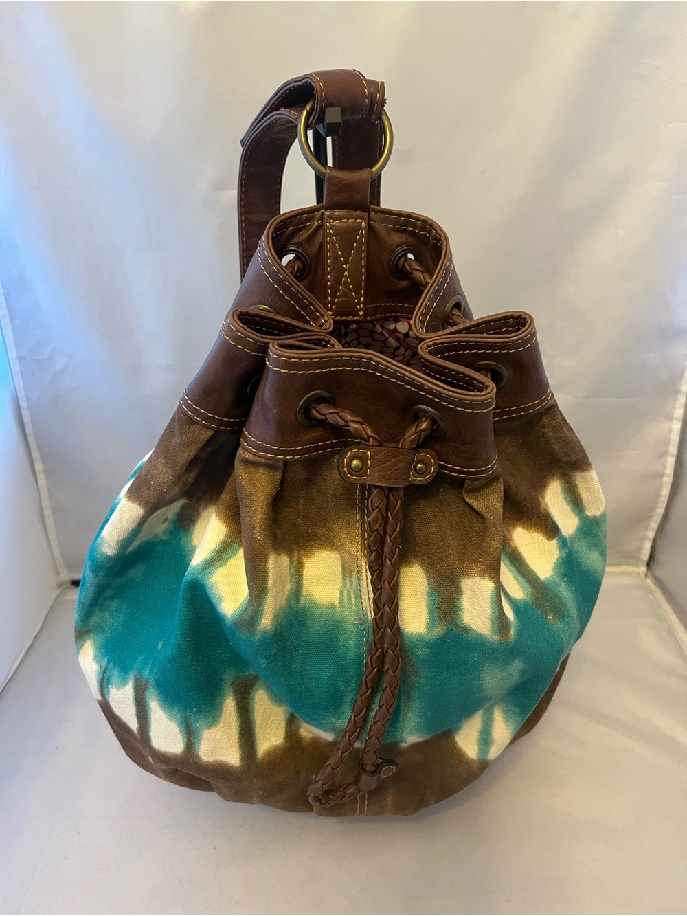 Teal and Brown Drawstring Backpack, Shoulder Bucket Bag